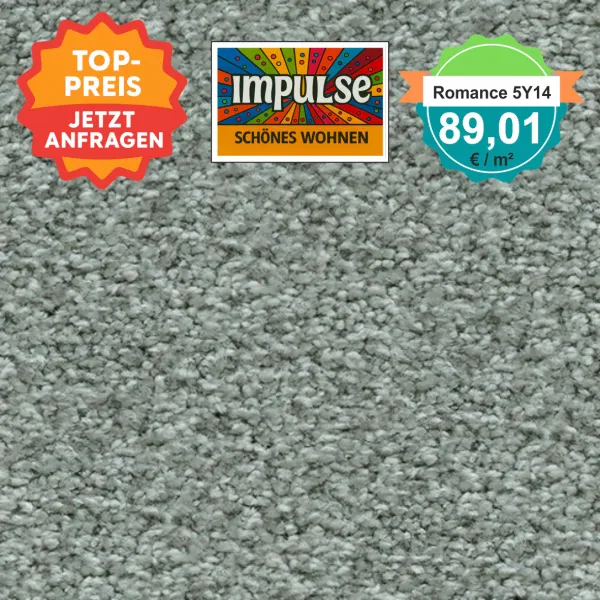 Teppichmuster mit Label „Impulse WOLFSBURG“ und Badge „Romance 5Y14 – 89,91 €/m²“